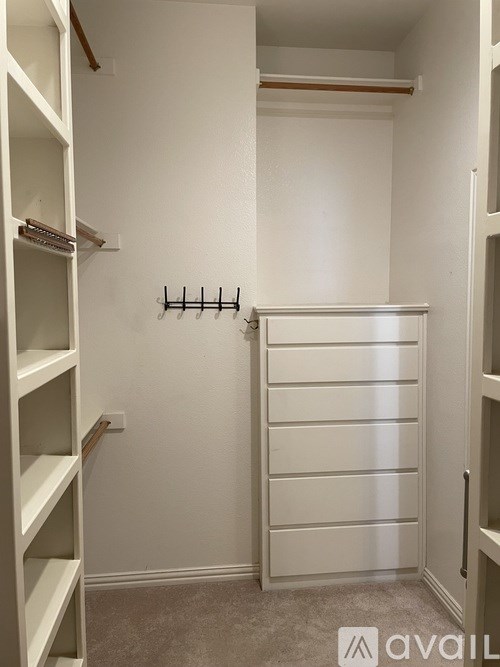 A white closet with shelves and a coat hanger.