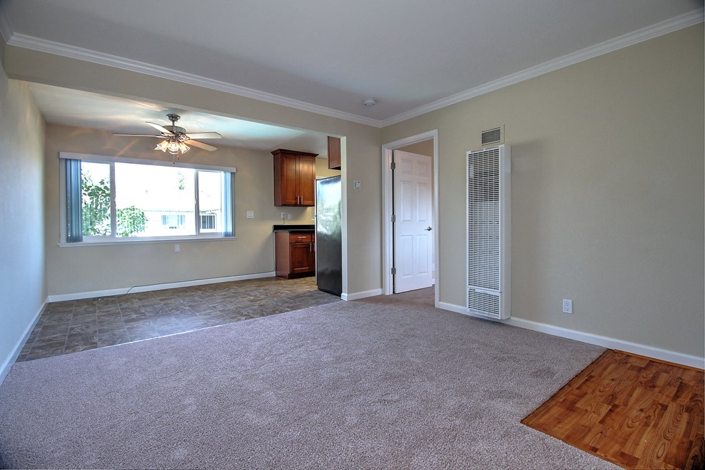an empty living room with a ceiling fan and a window
