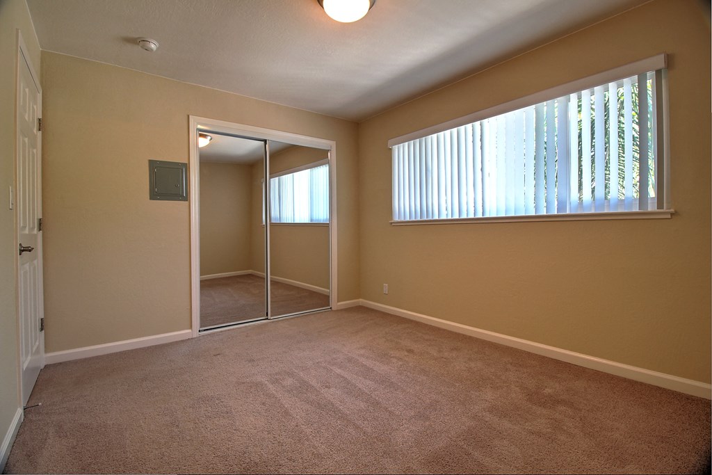 an empty living room with a large window and a mirrored closet
