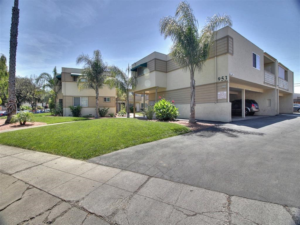 A building with the number 953 on it is surrounded by palm trees.