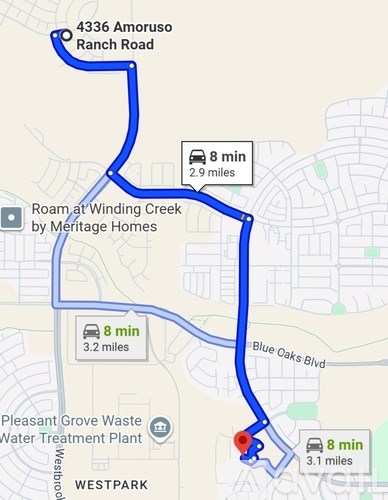 A map shows a route from 4336 Amoruso Ranch Road to a location marked with a red pin, with the distance and estimated travel time of 3.1 miles and 8 minutes.