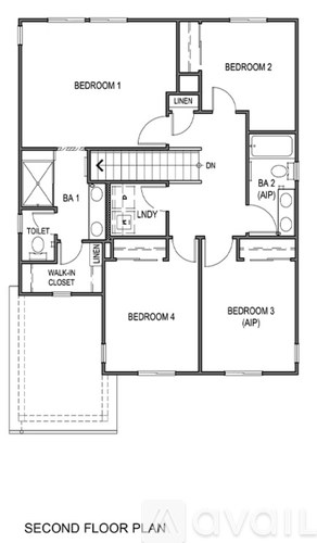 A floor plan of a second floor with four bedrooms and a walk-in closet.