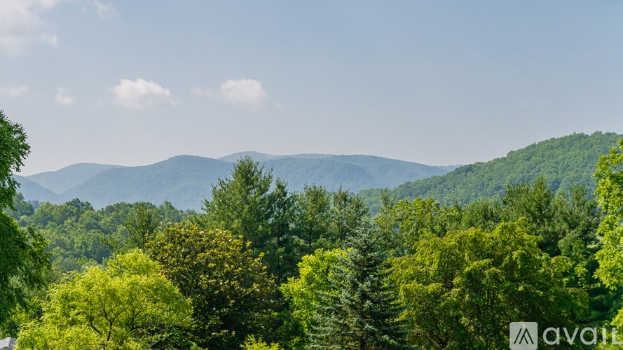 A mountain range covered in green trees under a blue sky.