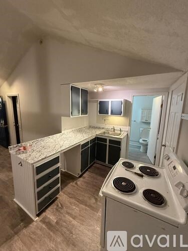 A kitchen with a stove, sink, and cabinets.