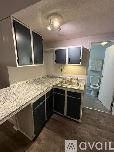 A kitchen with granite countertops and black cabinets.