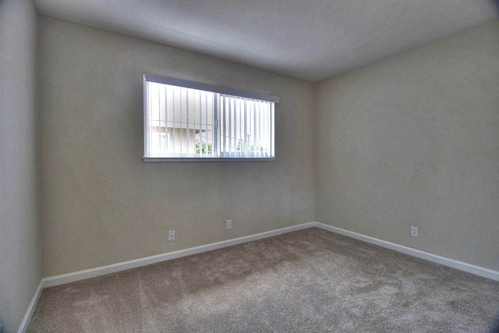 an empty living room with a window and carpet
