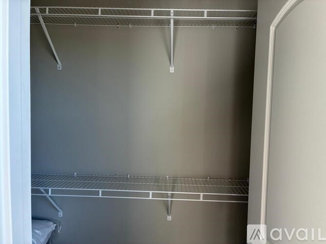 Empty silver metal shelves in a white cabinet.