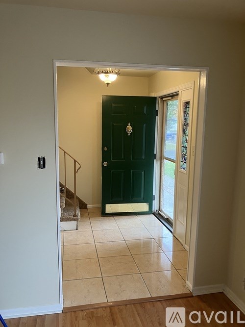 A hallway with a green door and a white door with a glass window.