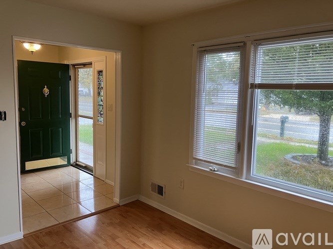 A room with a green door and a window overlooking a tree.