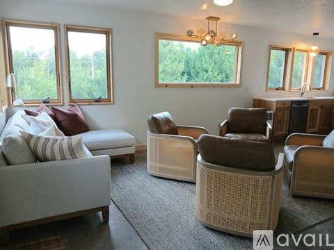 A living room with a couch, chairs, and a rug.