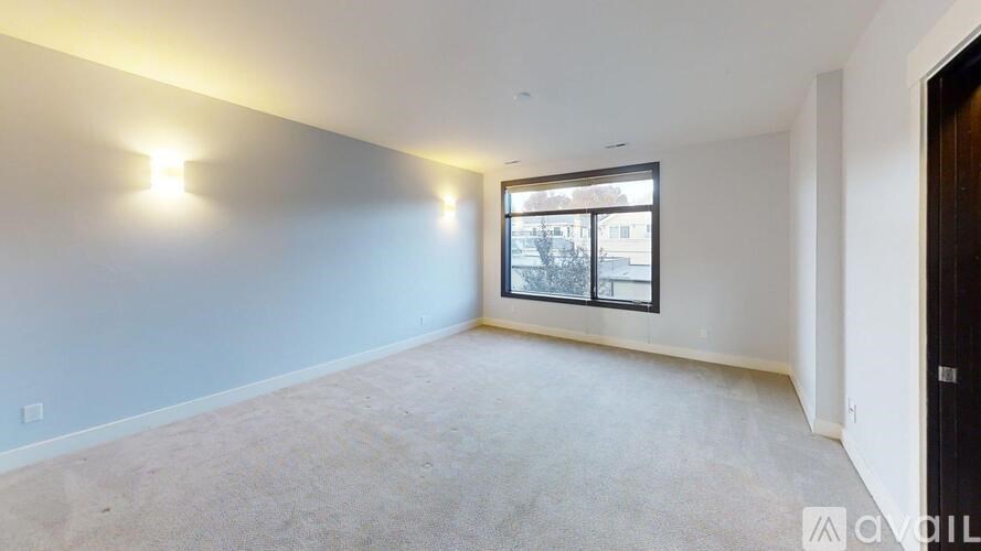 A room with a window and a carpeted floor.