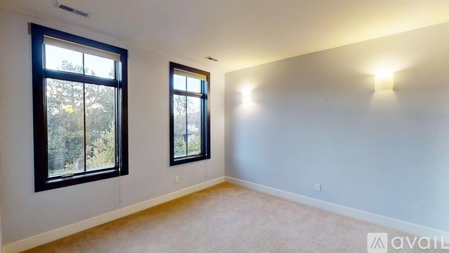 A room with two windows and carpeted flooring.