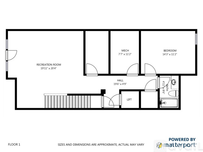 A floor plan of a house with a recreation room, two bedrooms, a mech room, a hall, and a loft.