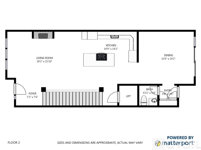 A black and white image of a floor plan for a living space.