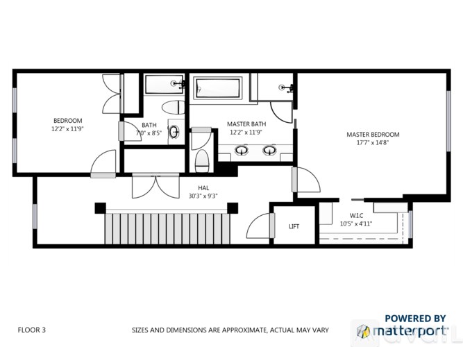 A floor plan of a house with a master bedroom, a master bath, a second bedroom, a bath, a half bath, a living room, a dining room, a kitchen, and a loft.