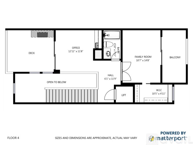 A floor plan of a house with a deck, office, family room, hallway, and balcony.
