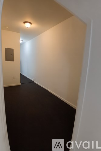 A hallway with a light on the ceiling and a wall-mounted light switch.