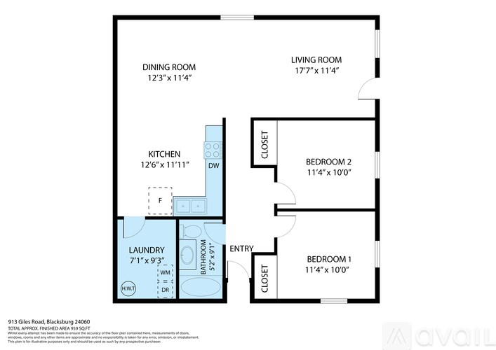 A floor plan of a property with a living room, dining room, kitchen, laundry, and two bedrooms.