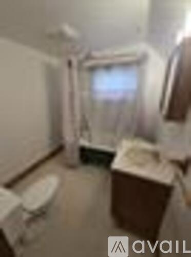 A bathroom with a toilet, sink, and a window with curtains.