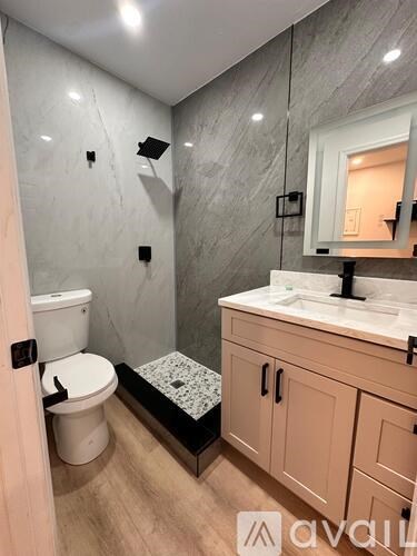 A bathroom with a toilet, sink, and a walk-in shower.