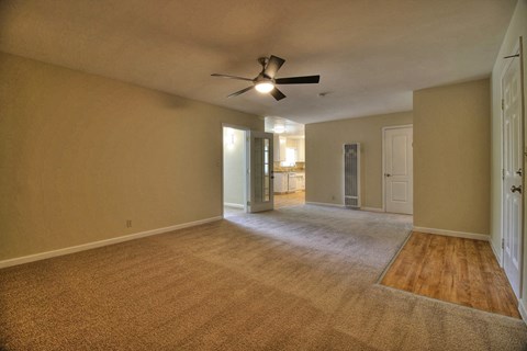Empty room with a ceiling fan and carpeted floor.