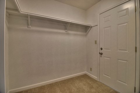 a bedroom with a closet and a white door