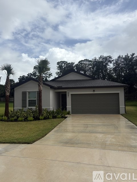 A house with a driveway and a palm tree in front.