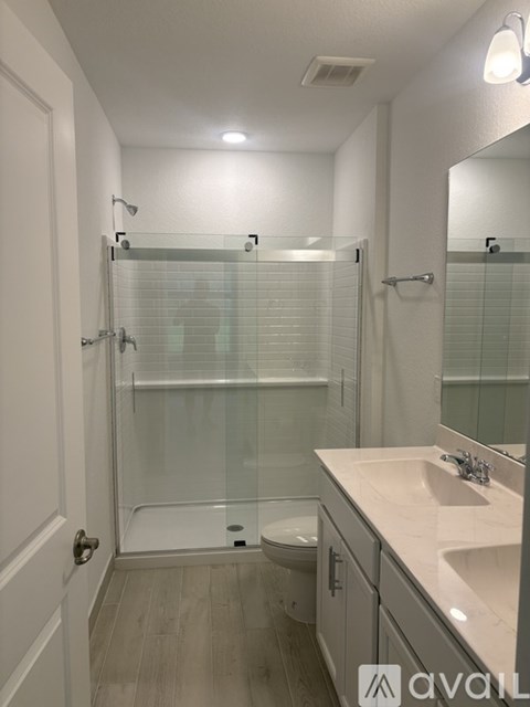 A bathroom with a walk-in shower and a sink.