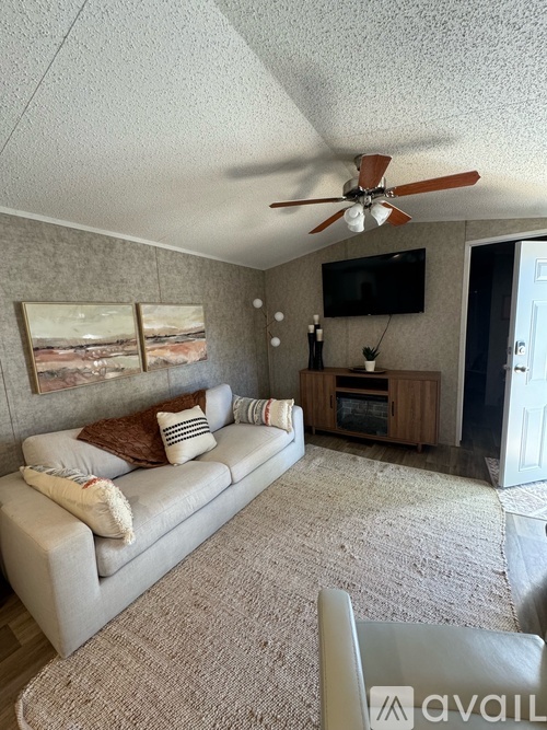 A living room with a couch, a television, and a ceiling fan.