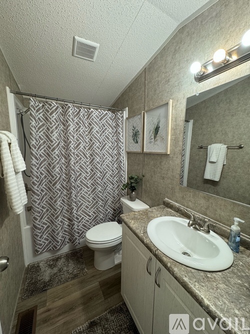 A bathroom with a toilet, sink, and shower curtain.