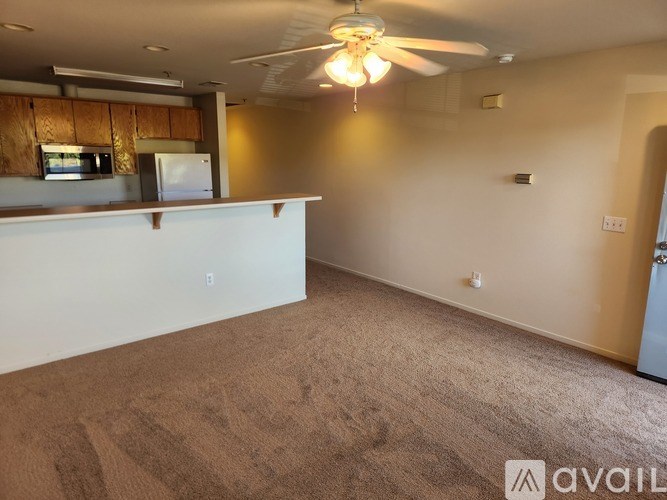 A room with a carpeted floor and a ceiling fan.
