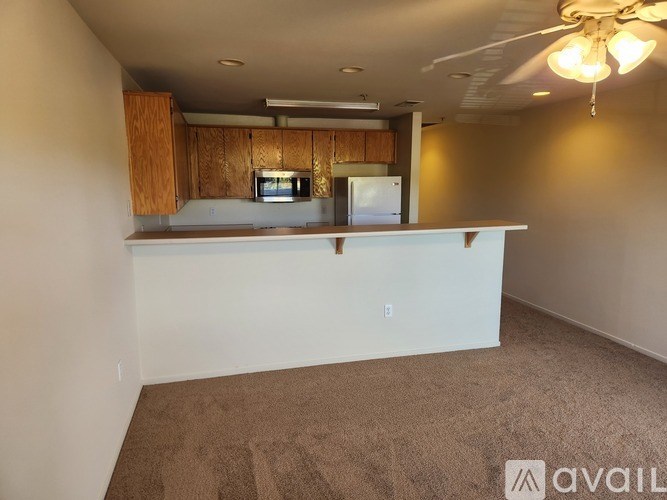 Empty room with a counter and cabinets in the background.