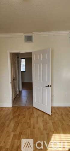 A white door is open to a hallway with a light on the ceiling.