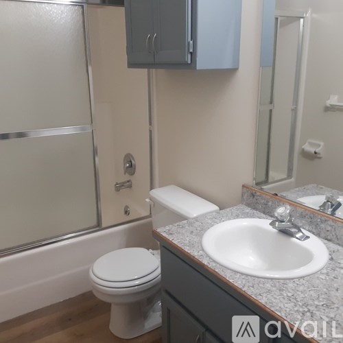 A bathroom with a toilet, sink, and shower.