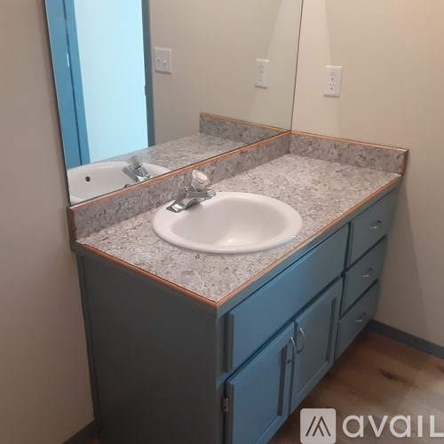 A bathroom with a sink and a mirror.