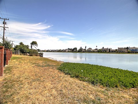 a body of water next to a grass field