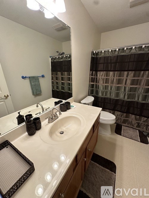 A bathroom with a sink, toilet, and shower curtain.