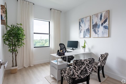 A room with a desk, chairs, and a plant.