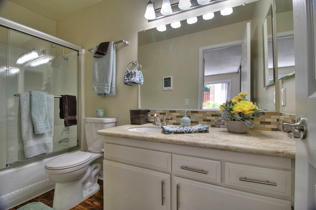 Bathroom With Vanity Lights at Casa Alberta Apartments, Sunnyvale, CA 94087