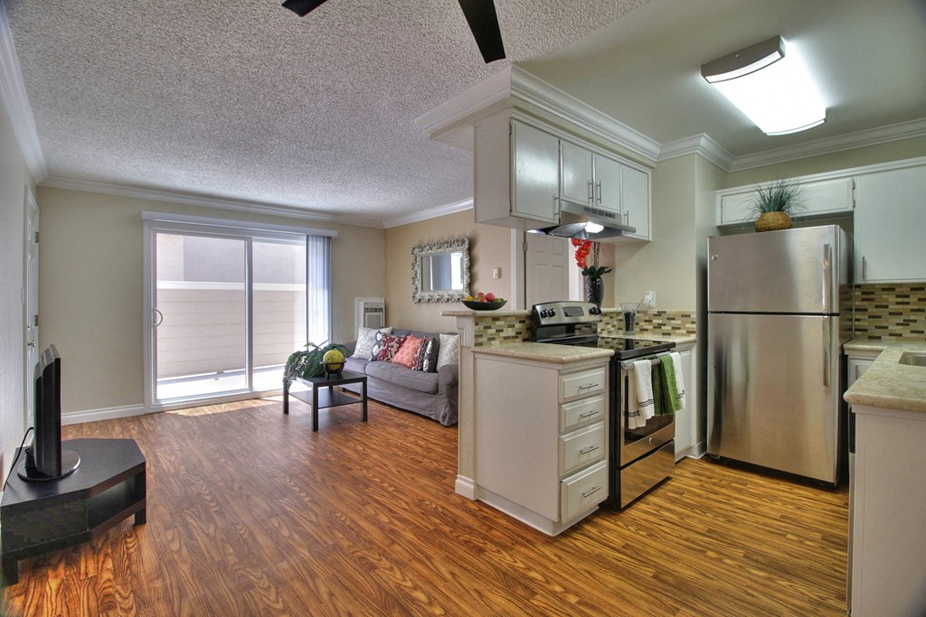 Kitchen with Living View at Casa Alberta Apartments, Sunnyvale, CA