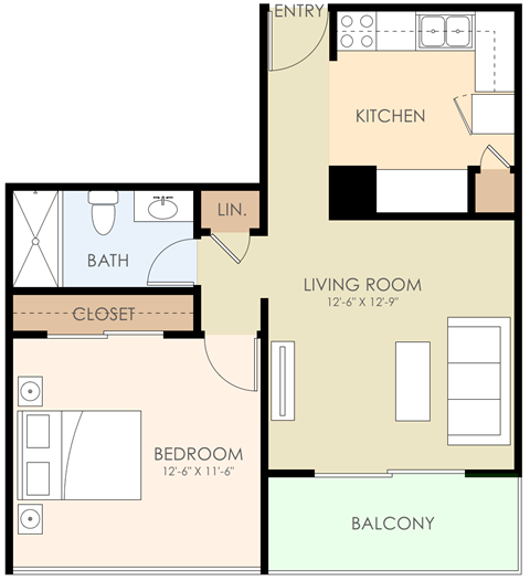 One Bedroom One Bath Floor Plan  at Courtyard, Redwood City, CA