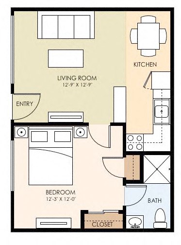 One Bedroom One Bath Floor Plan at The Arbors at Mountain View, Mountain View, 94040
