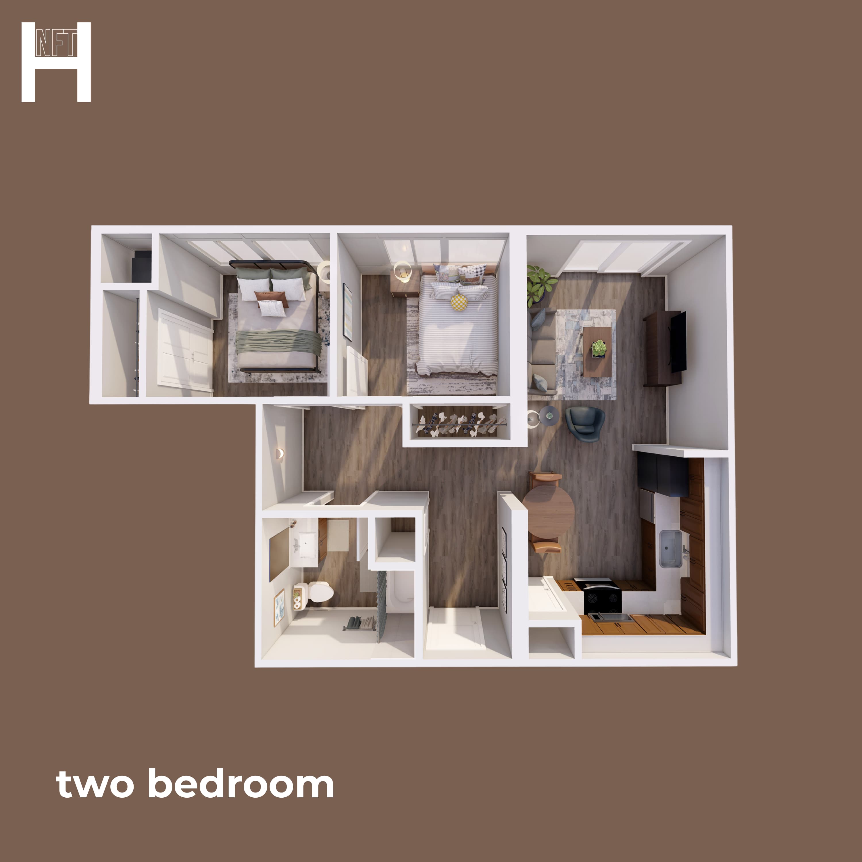 A layout of a two bedroom apartment.
