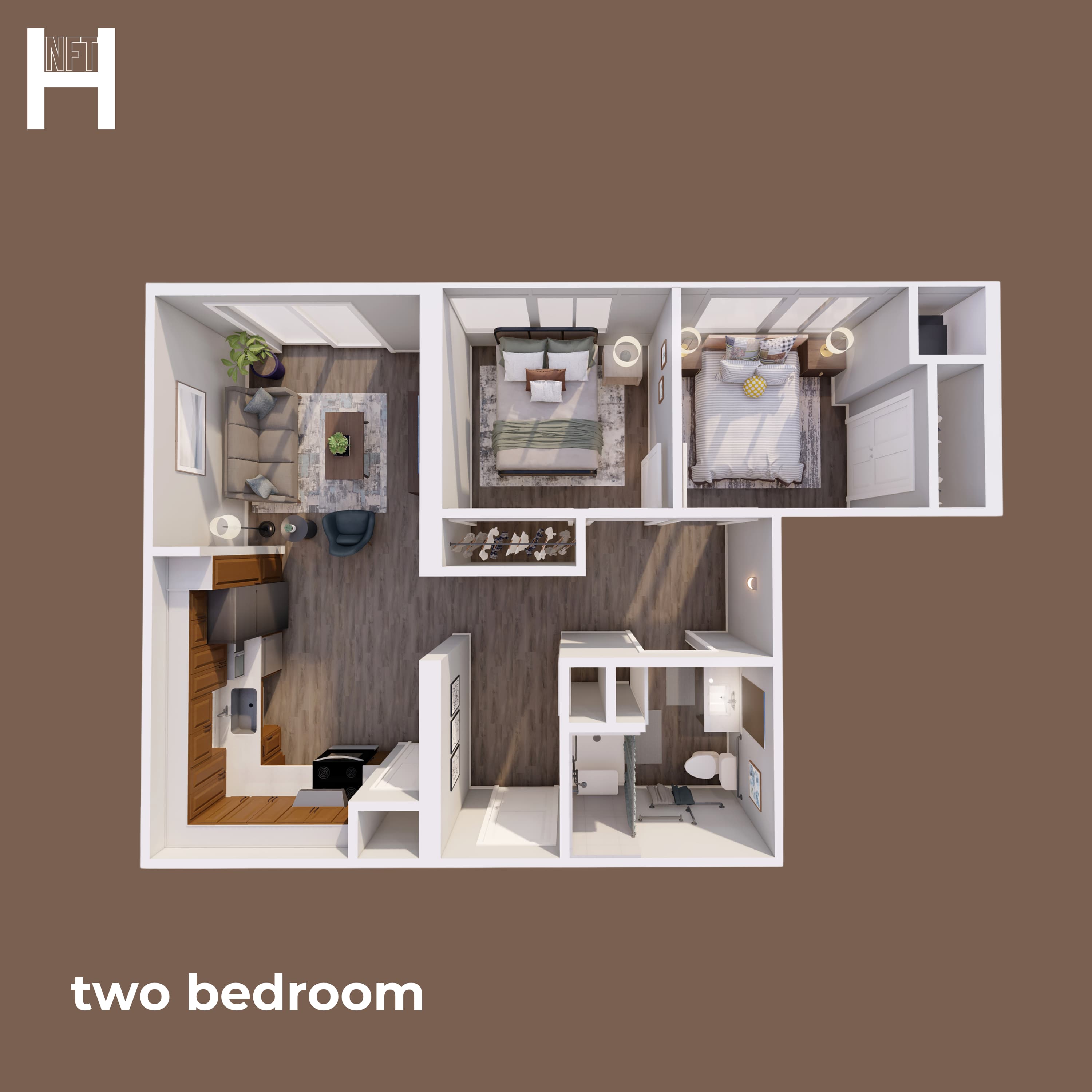 A two bedroom apartment layout with a living room, kitchen, and bathroom.