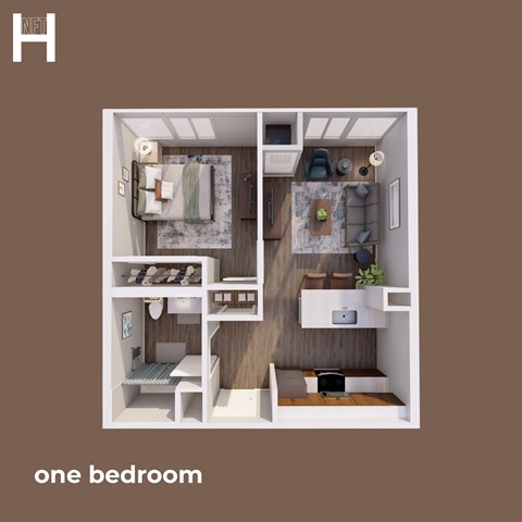 A diagram of a one bedroom apartment with a bedroom and living room.