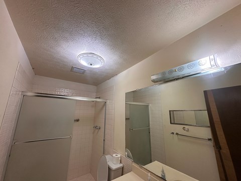 A bathroom with a toilet, sink, mirror, and shower.