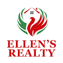 A logo for Ellen's Realty featuring a stylized house and flame.