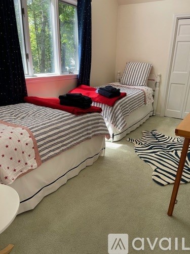 A bedroom with two beds and a zebra rug on the floor.