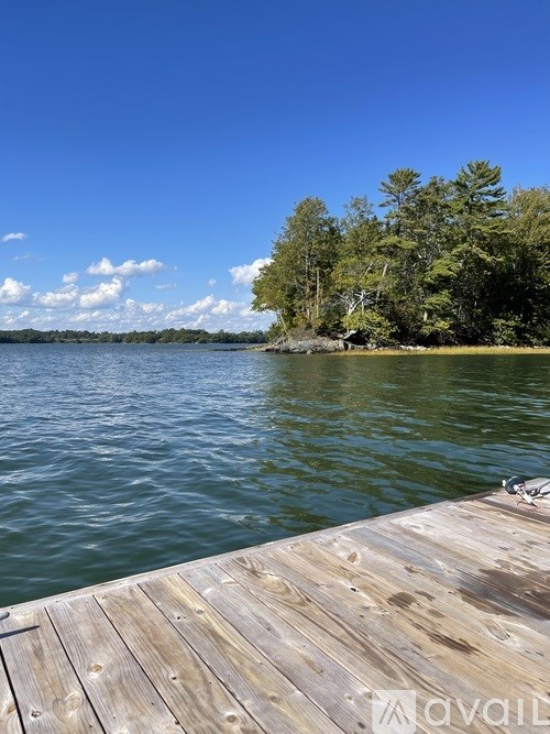 A wooden dock extends into a lake with trees in the background.