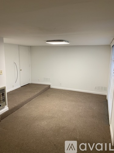 A carpeted room with a white wall and a door.